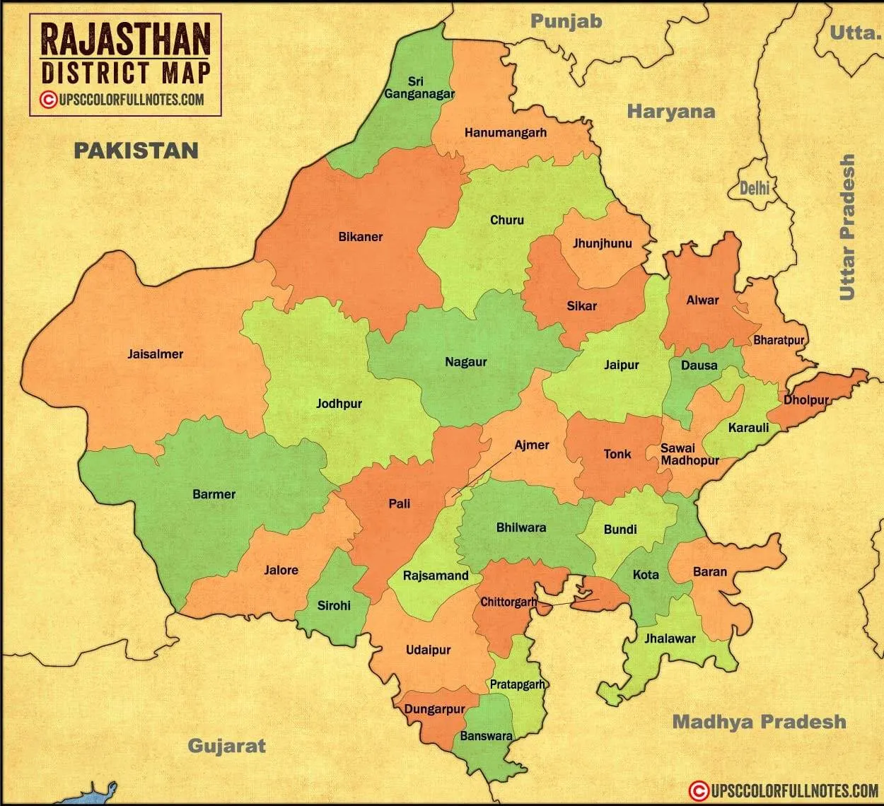Download Rajasthan Map in HD quality! 2022 UPSC Colorfull notes