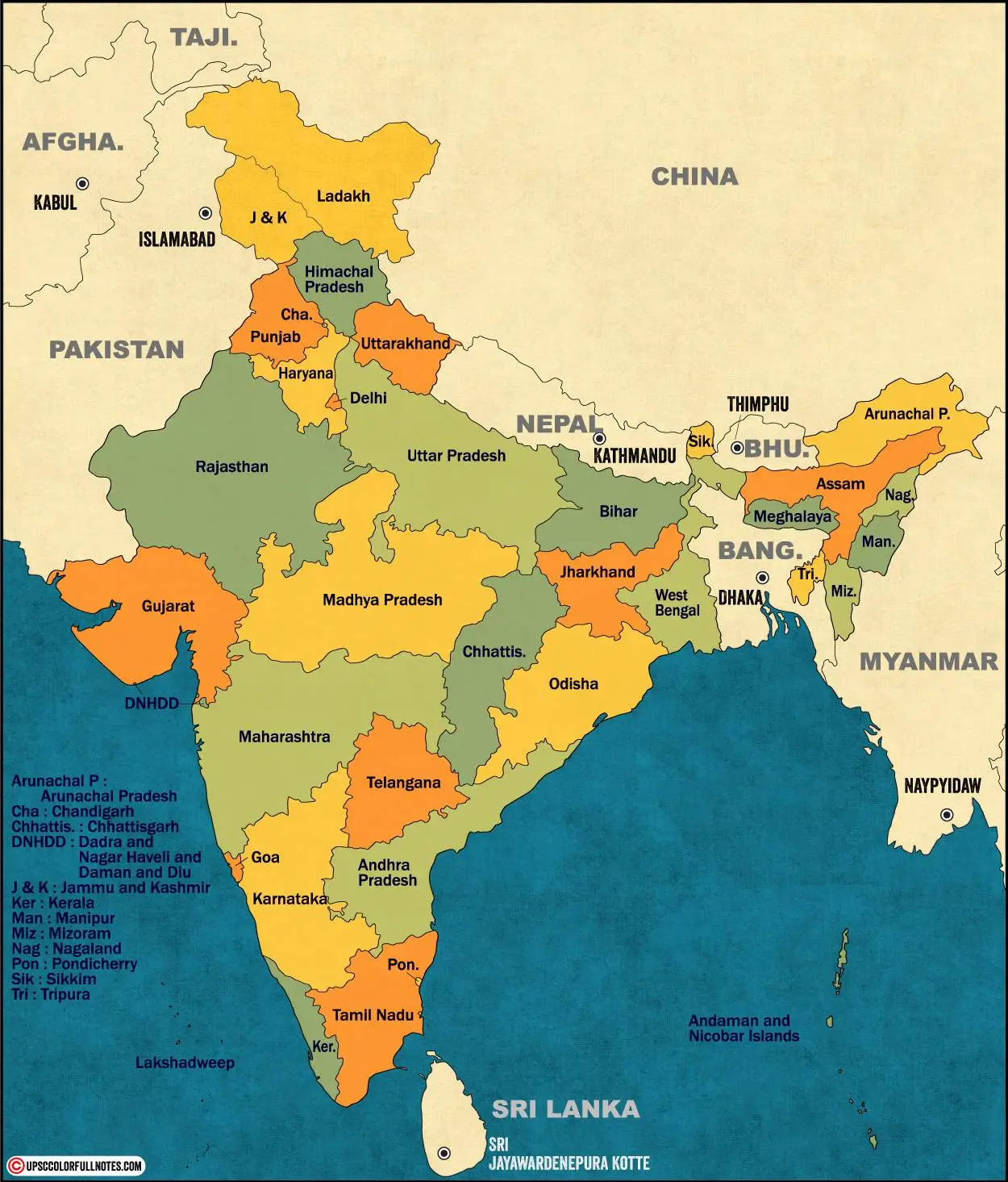 Discover 9 Neighbouring countries of india and their capitals Ultra HD Map UPSC Colorfull notes